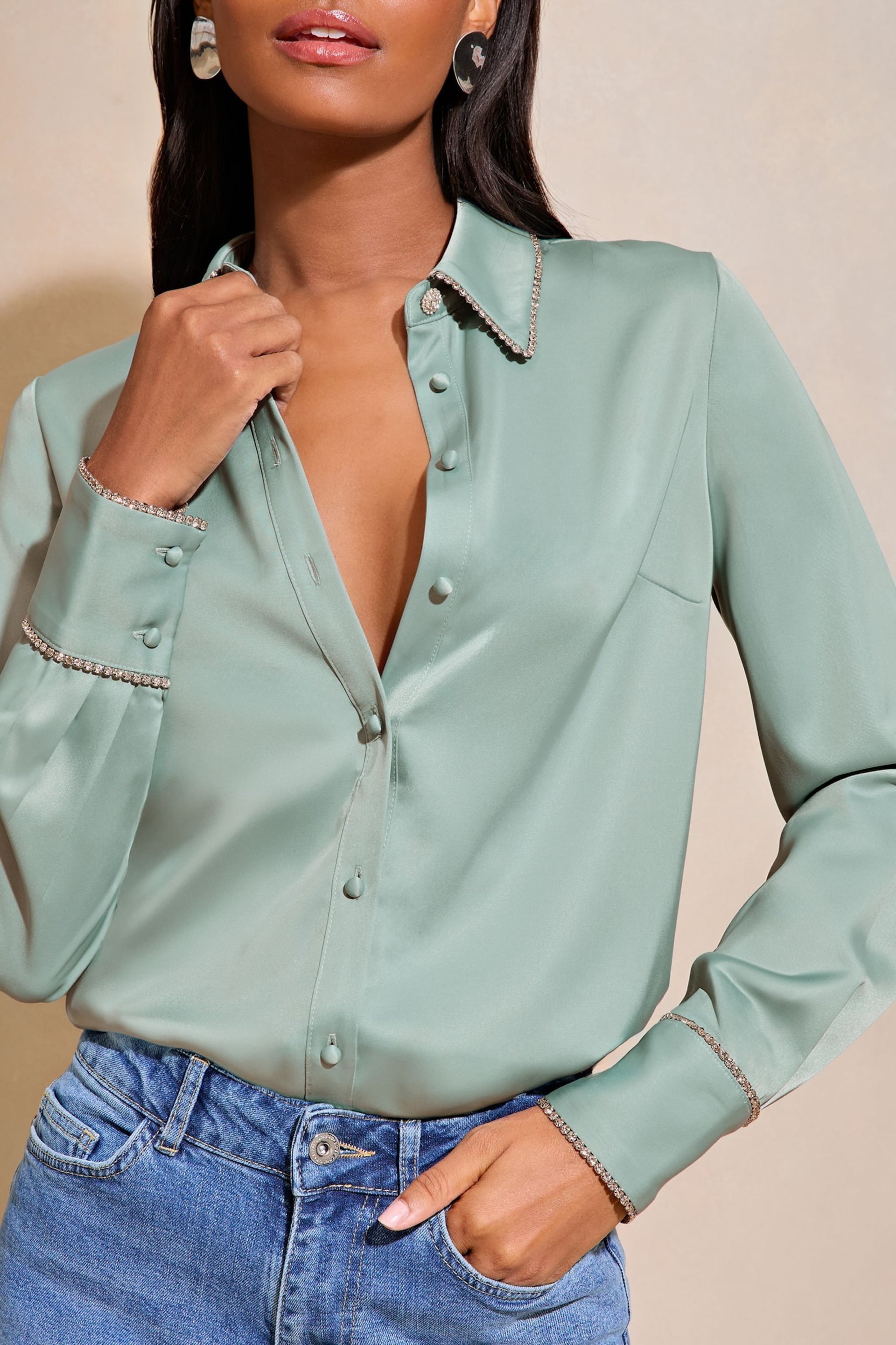 Lipsy Green Collared Button Through Diamante Shirt - Image 1 of 4
