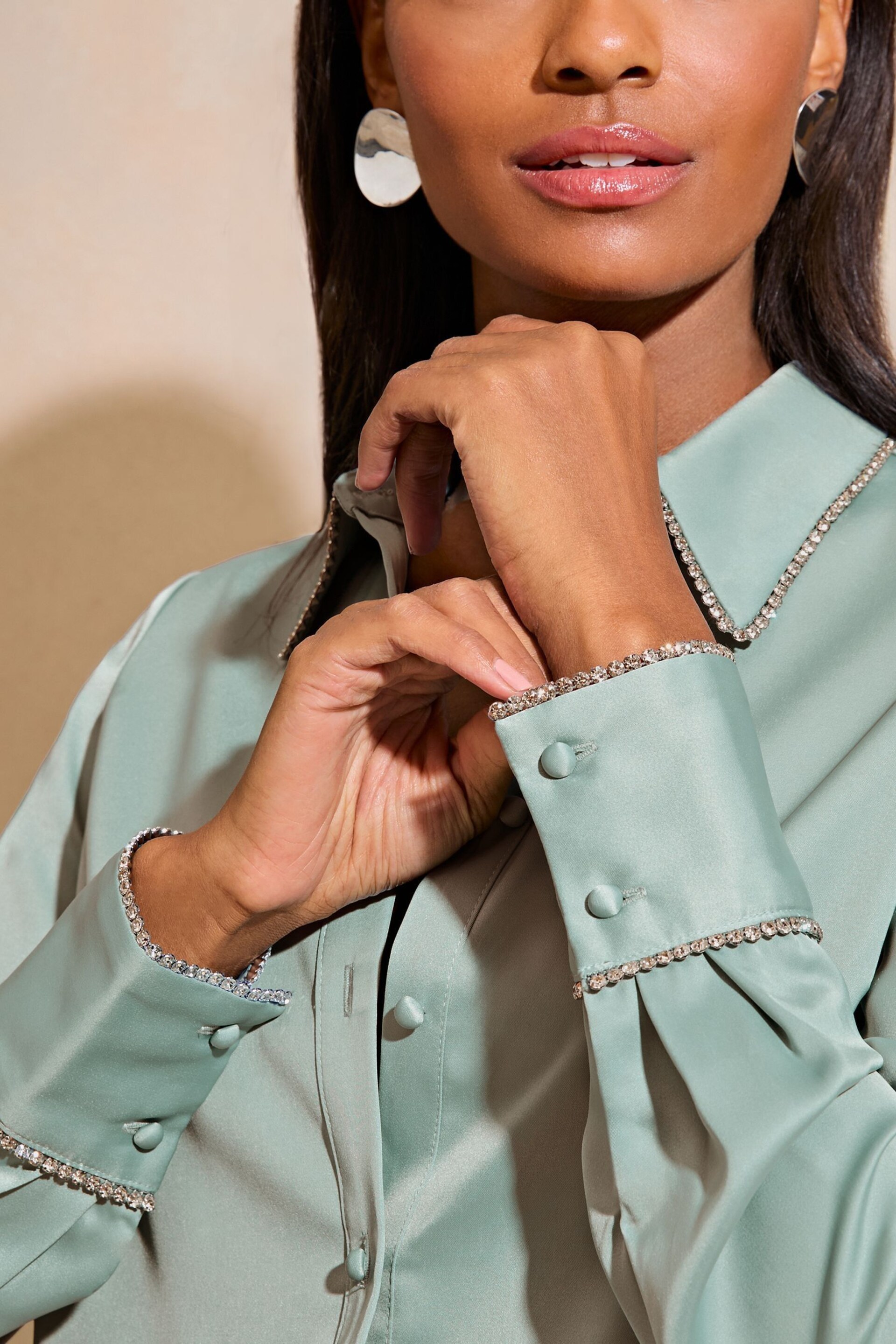 Lipsy Green Collared Button Through Diamante Shirt - Image 4 of 4
