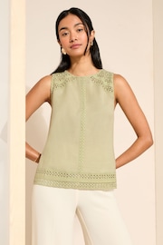 Friends Like These Green Crochet Insert Cotton Linen Blend Shell Vest Top - Image 1 of 4