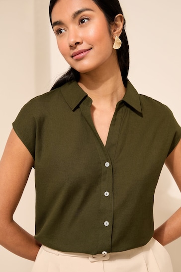 Friends Like These Khaki Green Short Sleeve Linen Button Through Shirt
