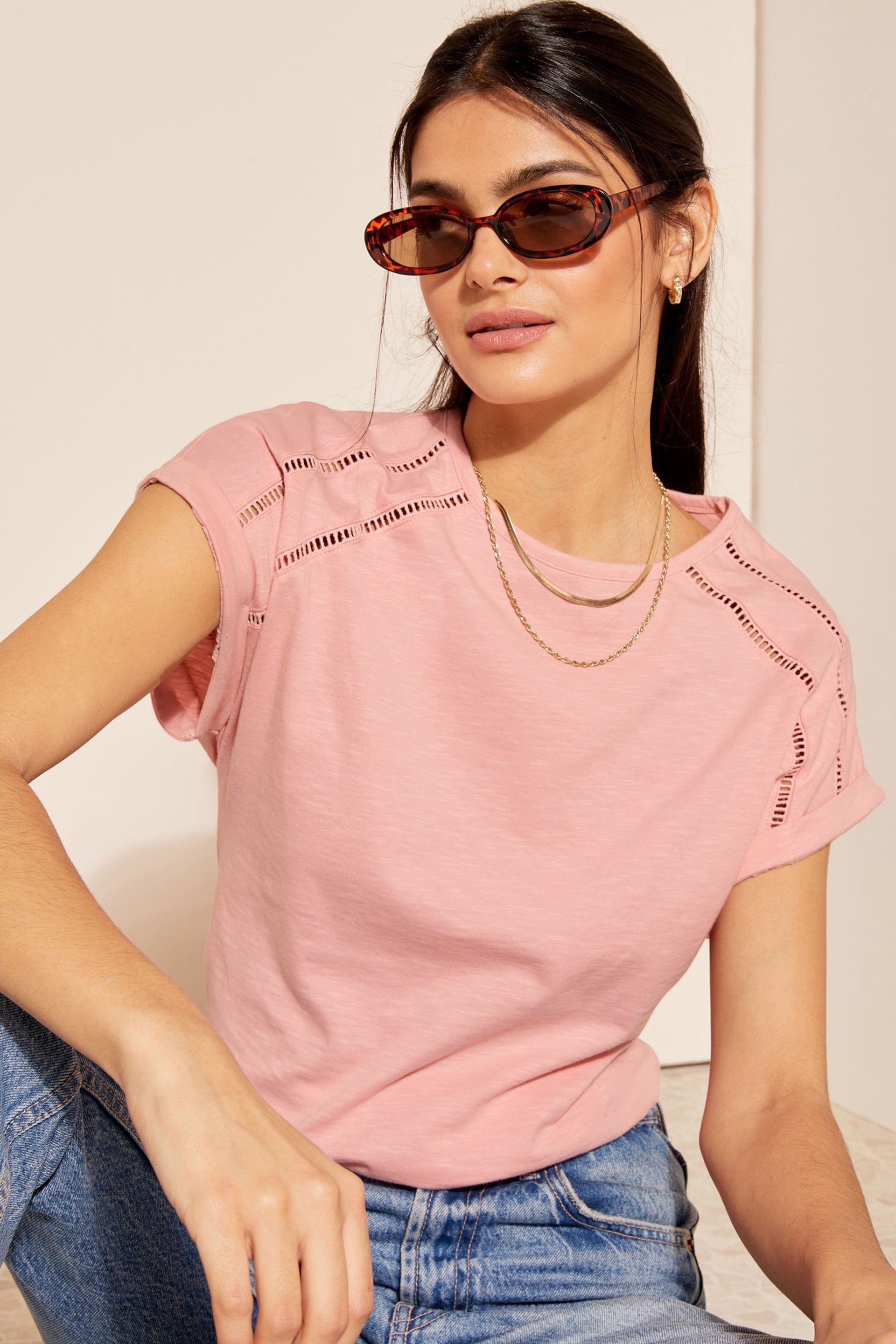 Friends Like These Pastel Pink Short Sleeve Ladder Trim Bubble Hem T-Shirt - Image 2 of 4