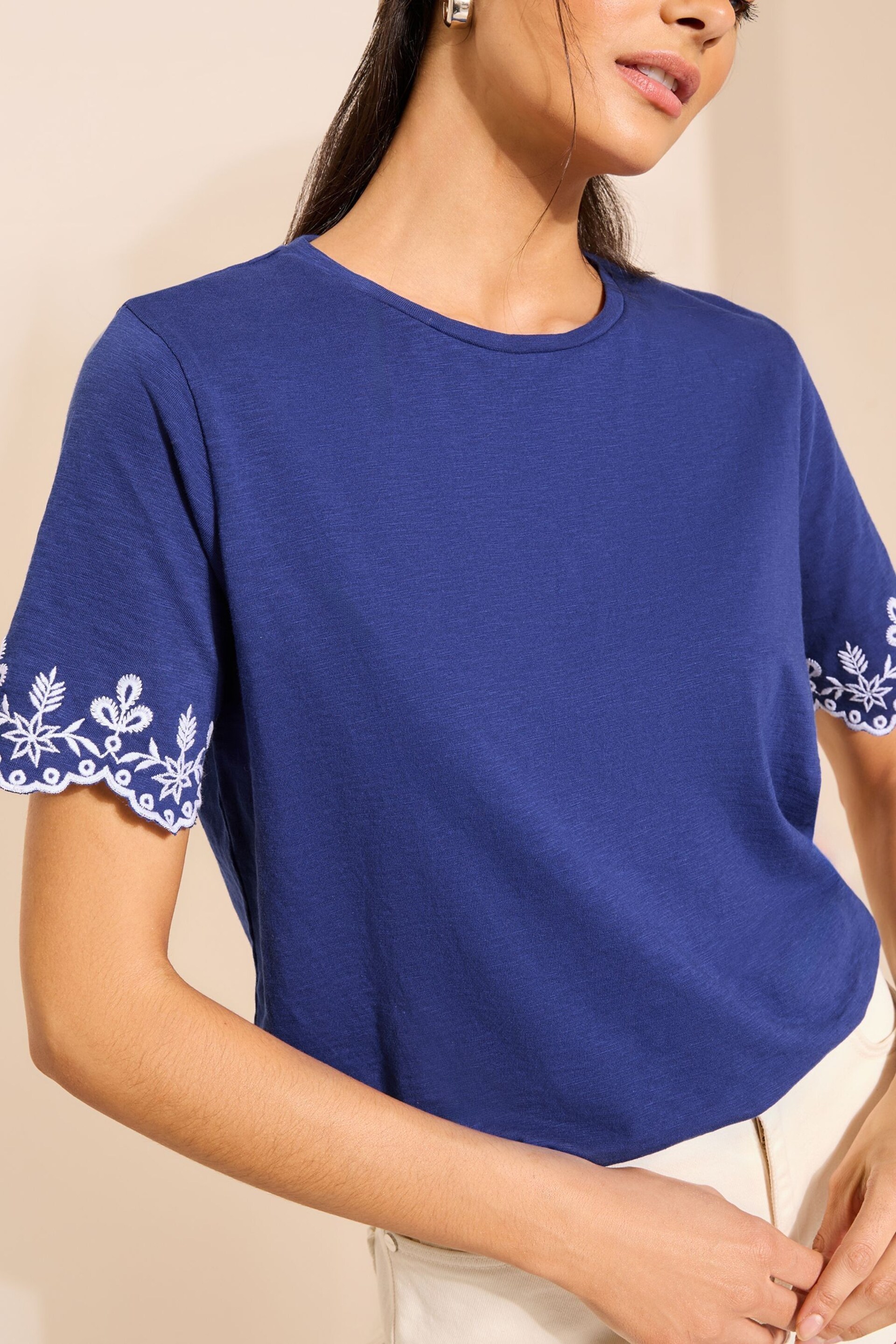 Friends Like These Navy Blue Short Sleeve Contrast Broderie Sleeve T-Shirt - Image 1 of 4