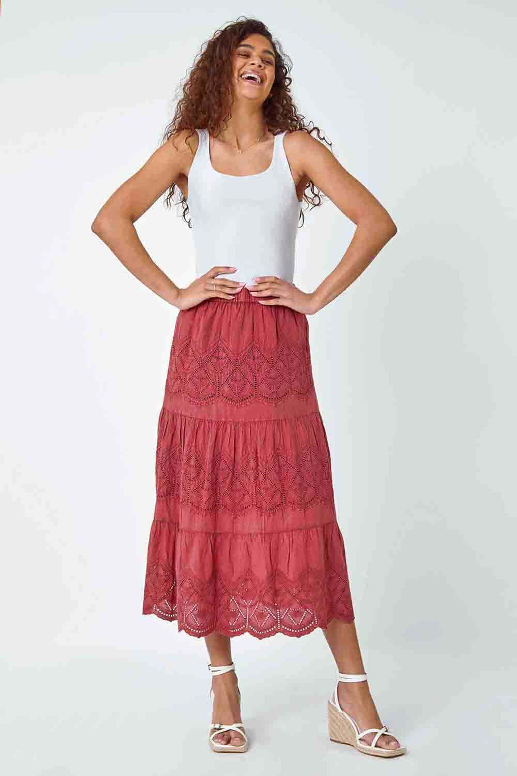 Buy Roman Red Broderie Tiered Stretch 100 Cotton Midi Skirt from the Next UK online shop