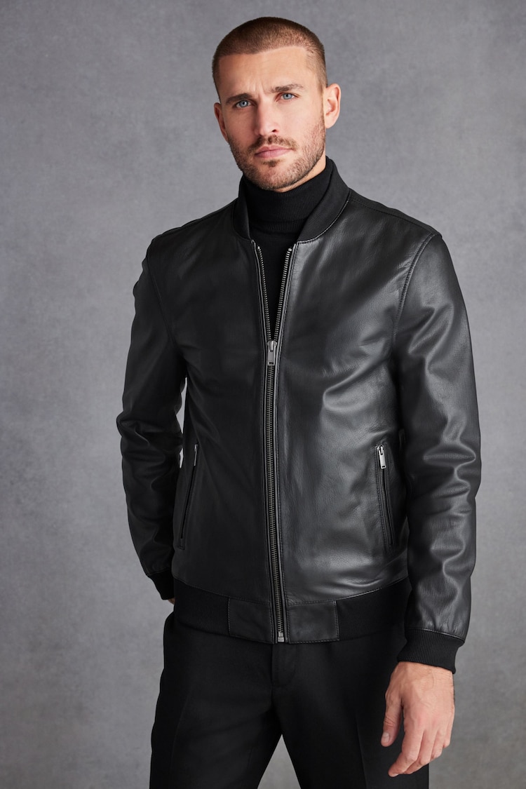 Black Signature Leather Bomber Jacket - Image 1 of 8