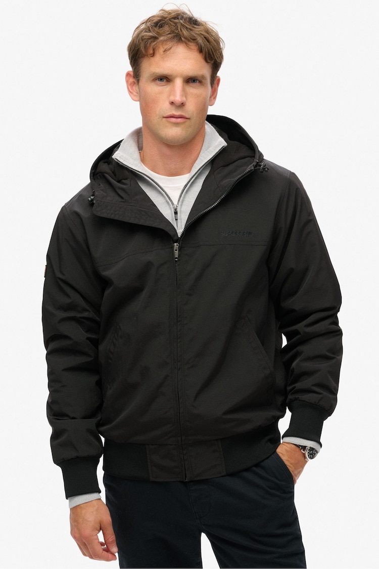 Superdry Black Surplus Nylon Hooded Bomber Jacket - Image 1 of 7