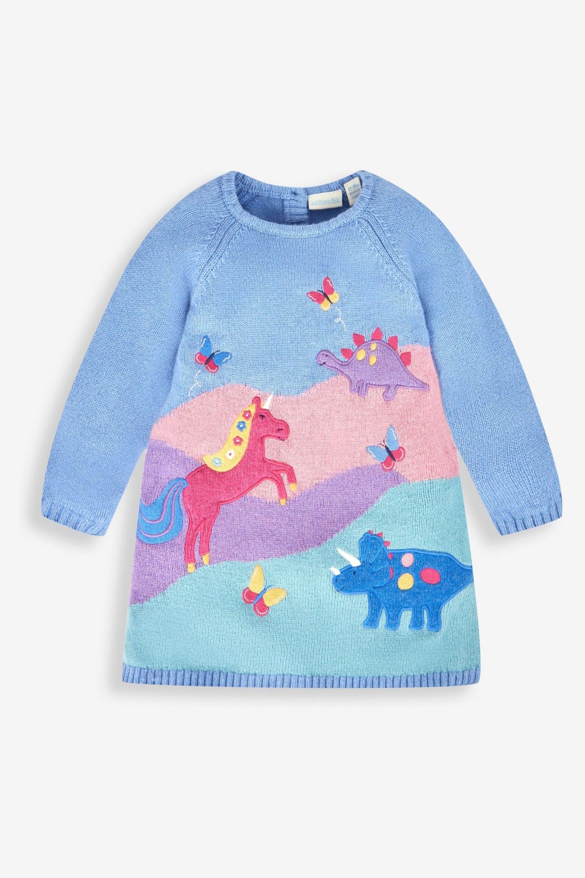 JoJo Maman Bébé Blue Girls' Dino & Unicorn Scene Knitted Dress - Image 1 of 3