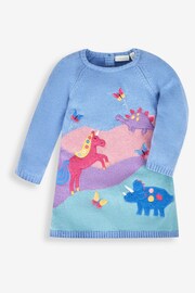 JoJo Maman Bébé Blue Girls' Dino & Unicorn Scene Knitted Dress - Image 2 of 3