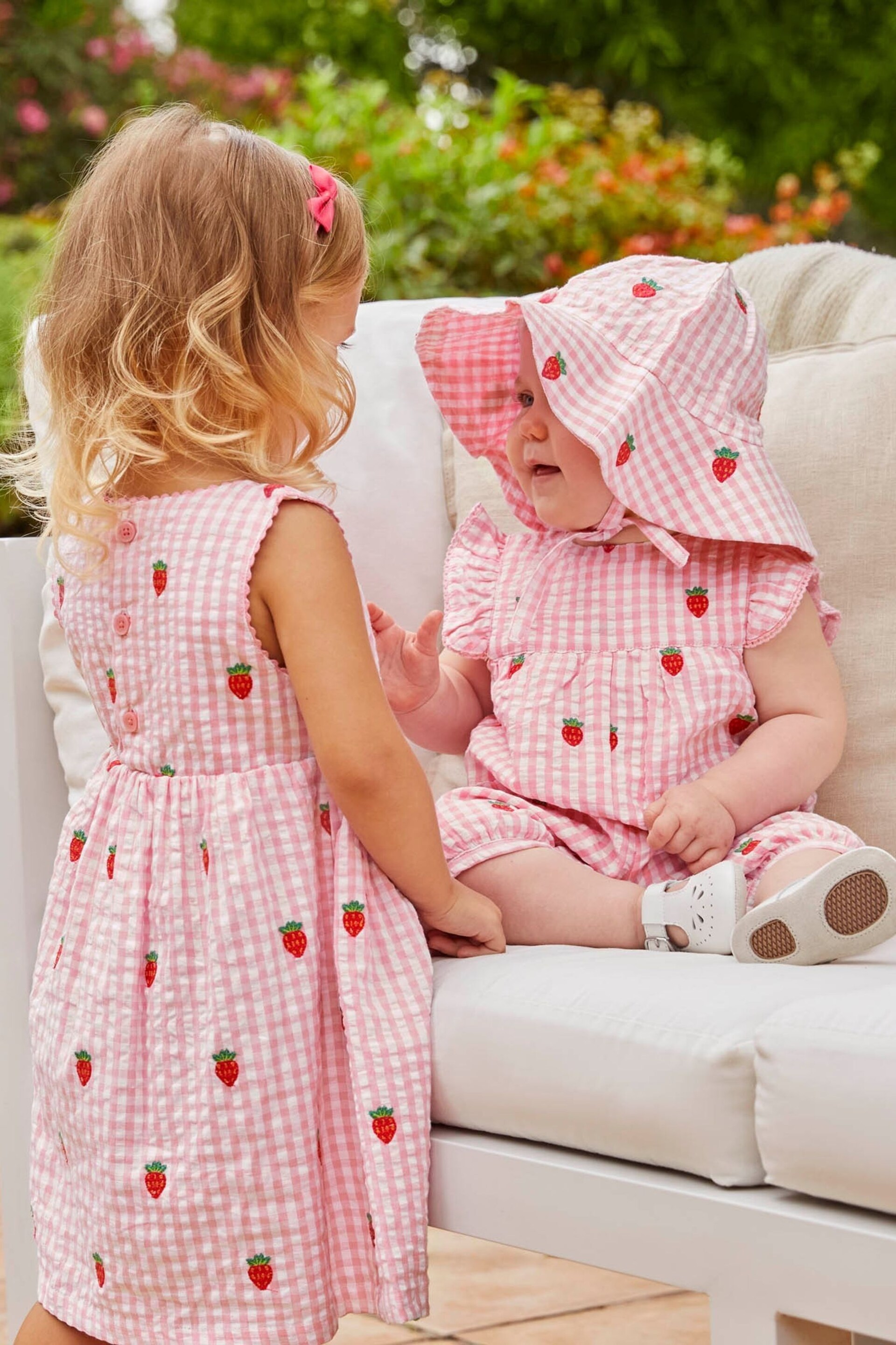 JoJo Maman Bébé Pink Girls' Strawberry Embroidered Gingham Dress - Image 2 of 9