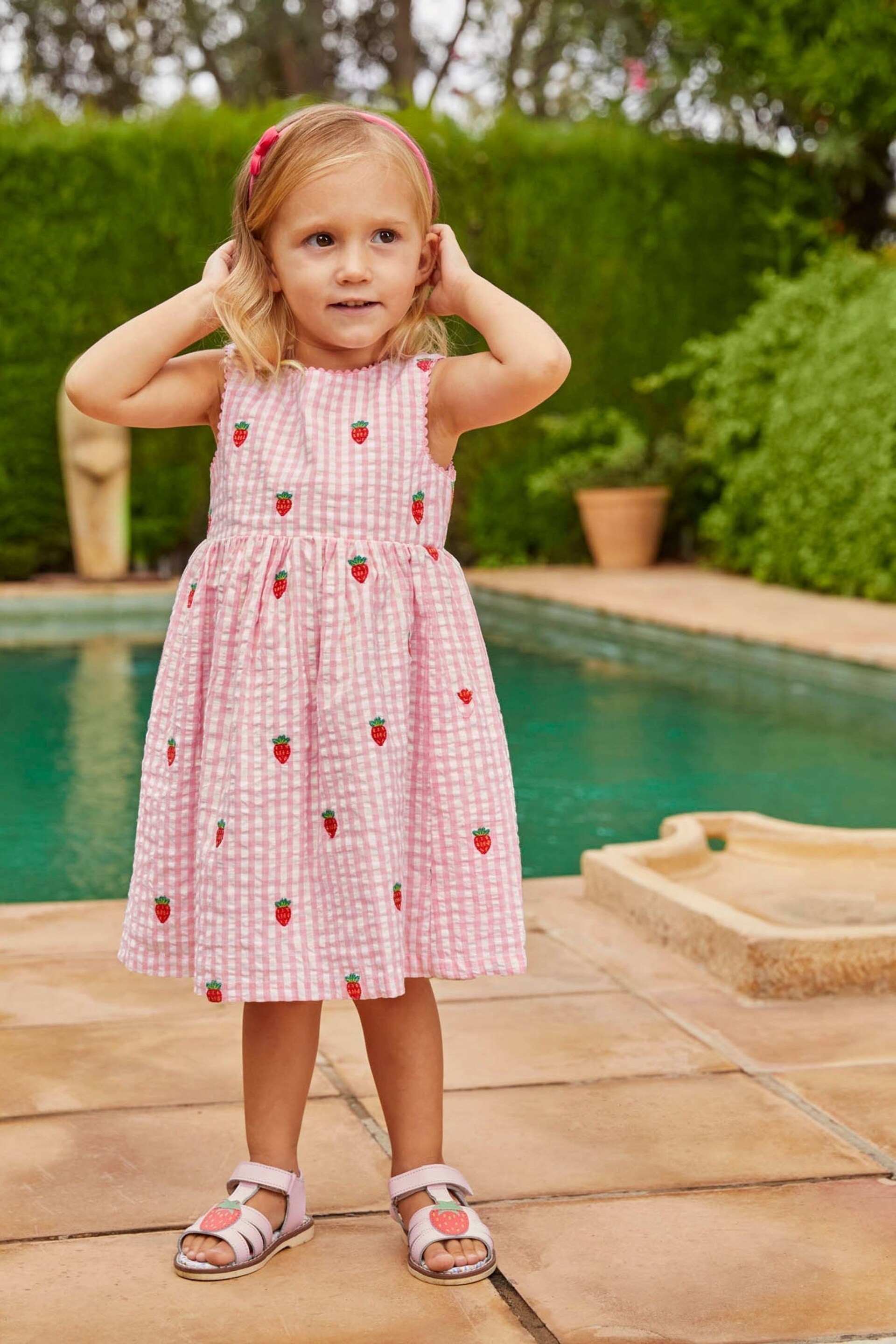 JoJo Maman Bébé Pink Girls' Strawberry Embroidered Gingham Dress - Image 5 of 9