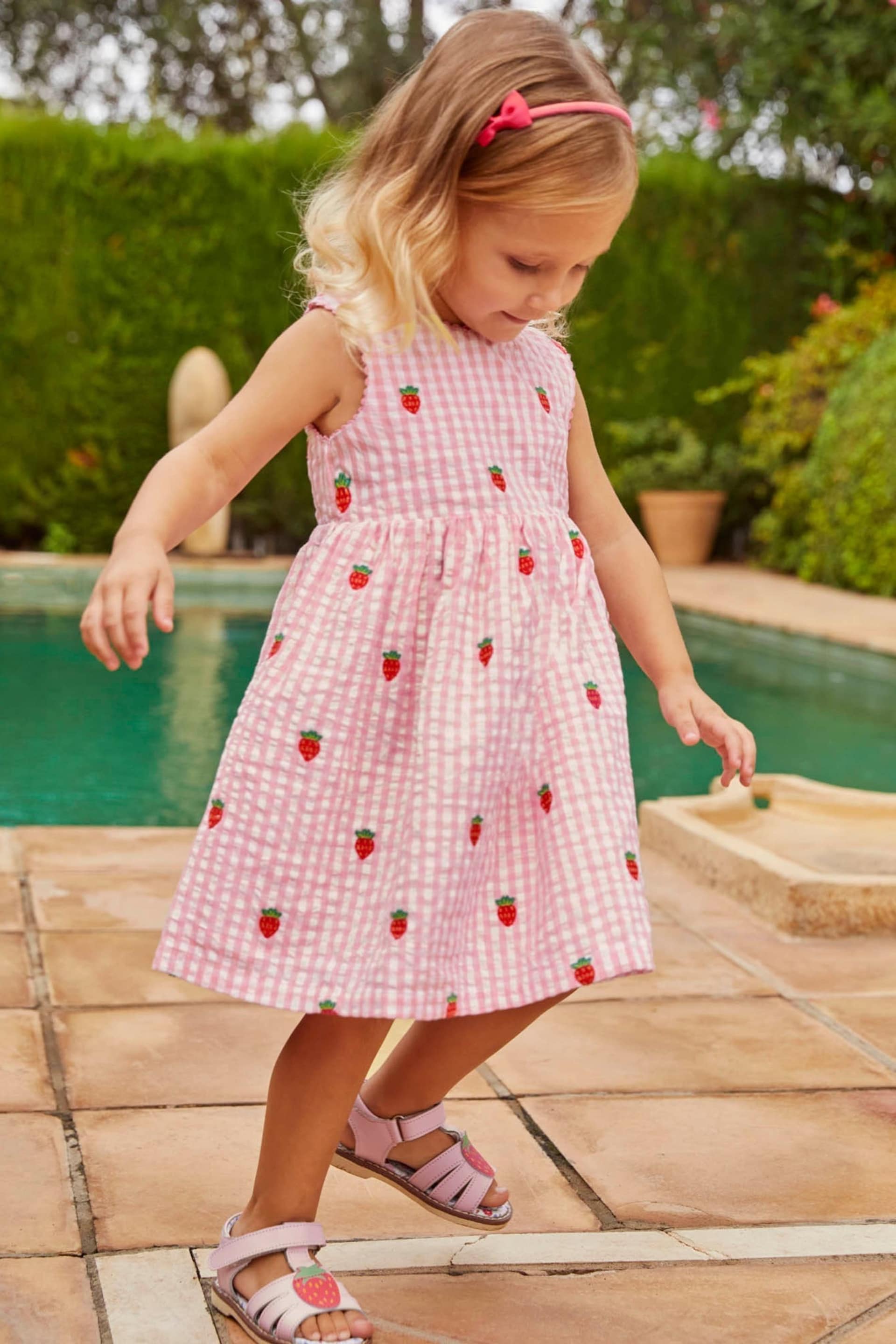 JoJo Maman Bébé Pink Girls' Strawberry Embroidered Gingham Dress - Image 6 of 9