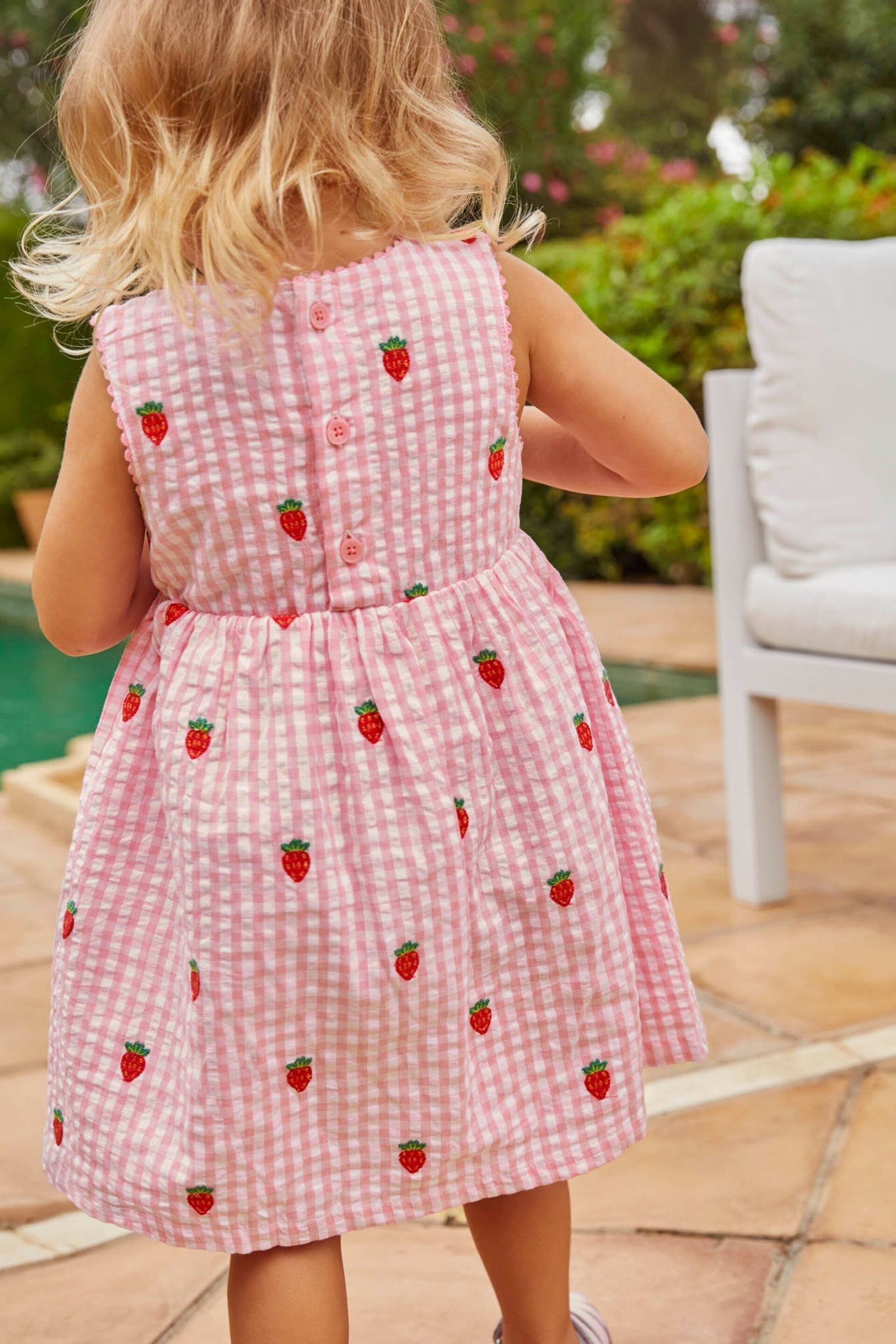 JoJo Maman Bébé Pink Girls' Strawberry Embroidered Gingham Dress - Image 7 of 9