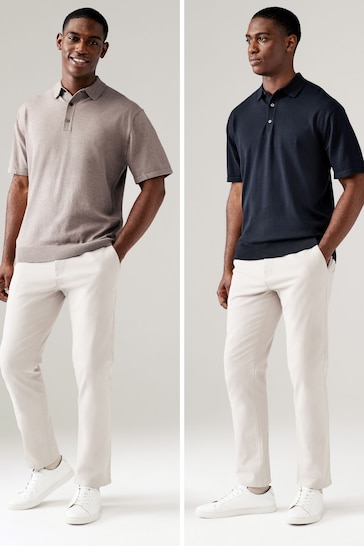 Neutral/Navy Knitted Regular Fit 2 Pack Polo Shirts
