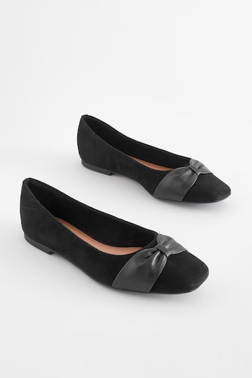 Black Regular/Wide Fit Forever Comfort® Leather Square Toe Bow Ballerinas