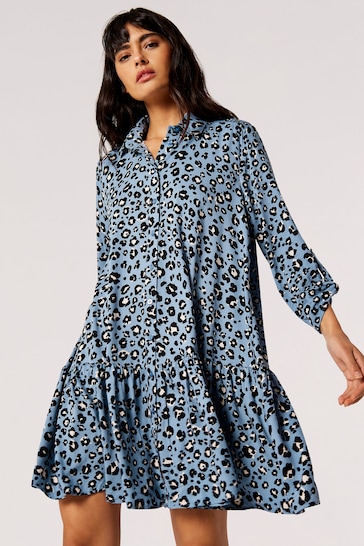 Apricot Blue Leopard Tiered Swing Shirt Dress