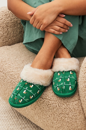 Green Terry Toucan Suede Mule Slippers