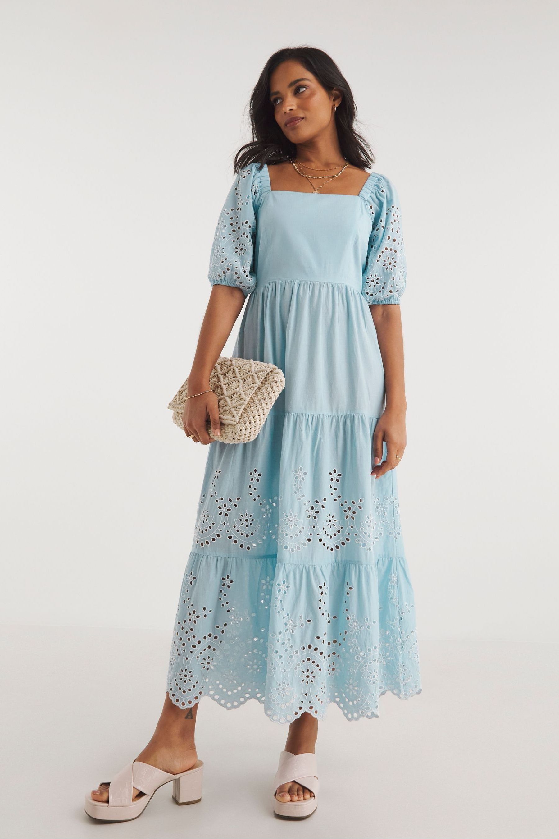 Buy JD Williams Blue Broderie Tiered Dress With Puff Sleeves from Next Slovakia