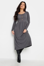 PixieGirl Petite Grey Long Sleeve Ribbed Button Midi Dress - Image 1 of 4