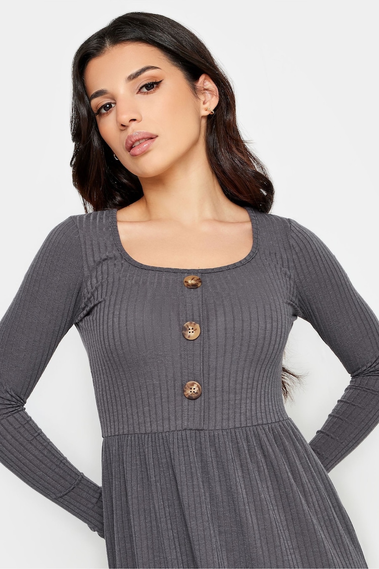 PixieGirl Petite Grey Long Sleeve Ribbed Button Midi Dress - Image 4 of 4