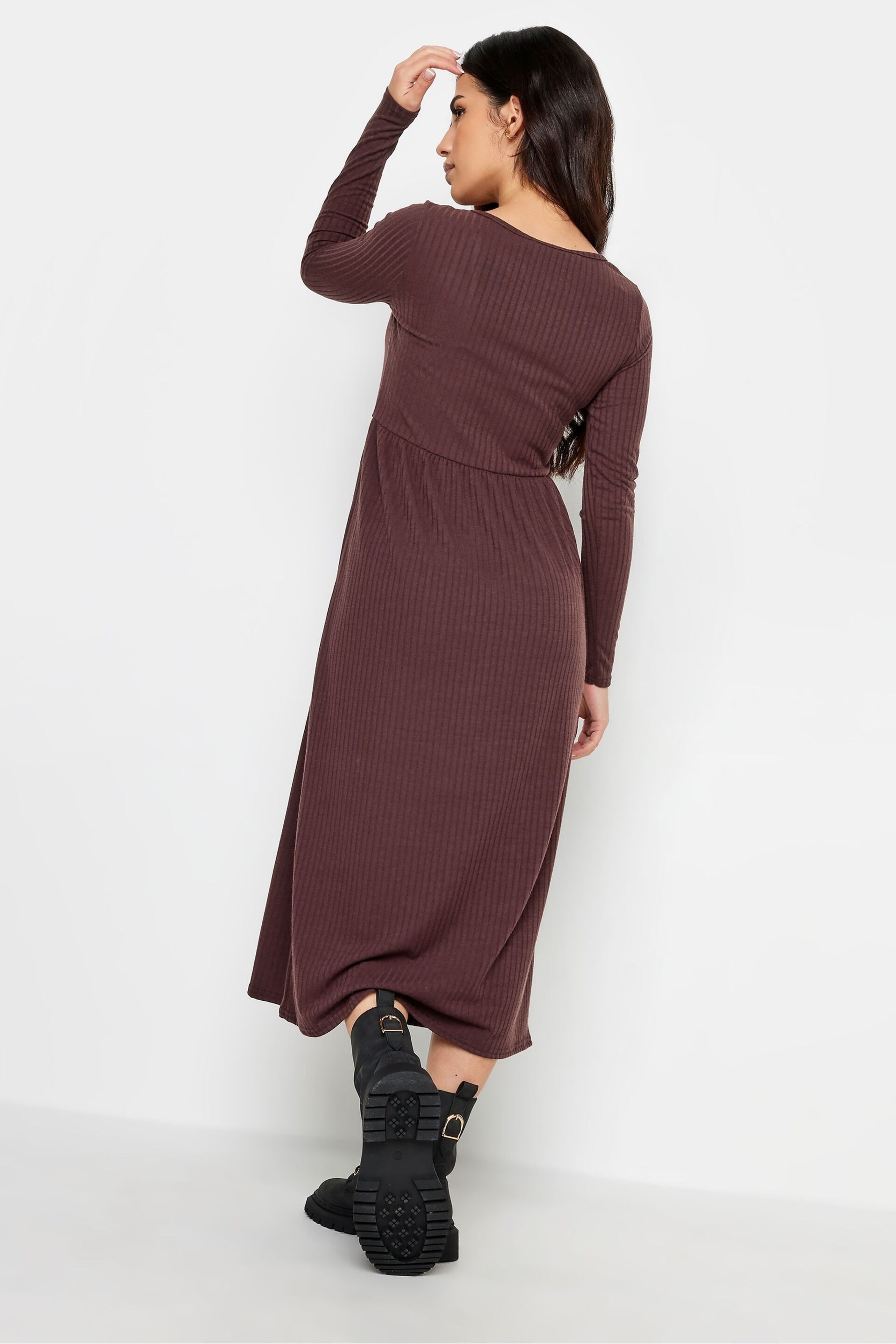 PixieGirl Petite Brown Long Sleeve Ribbed Button Midi Dress - Image 2 of 4