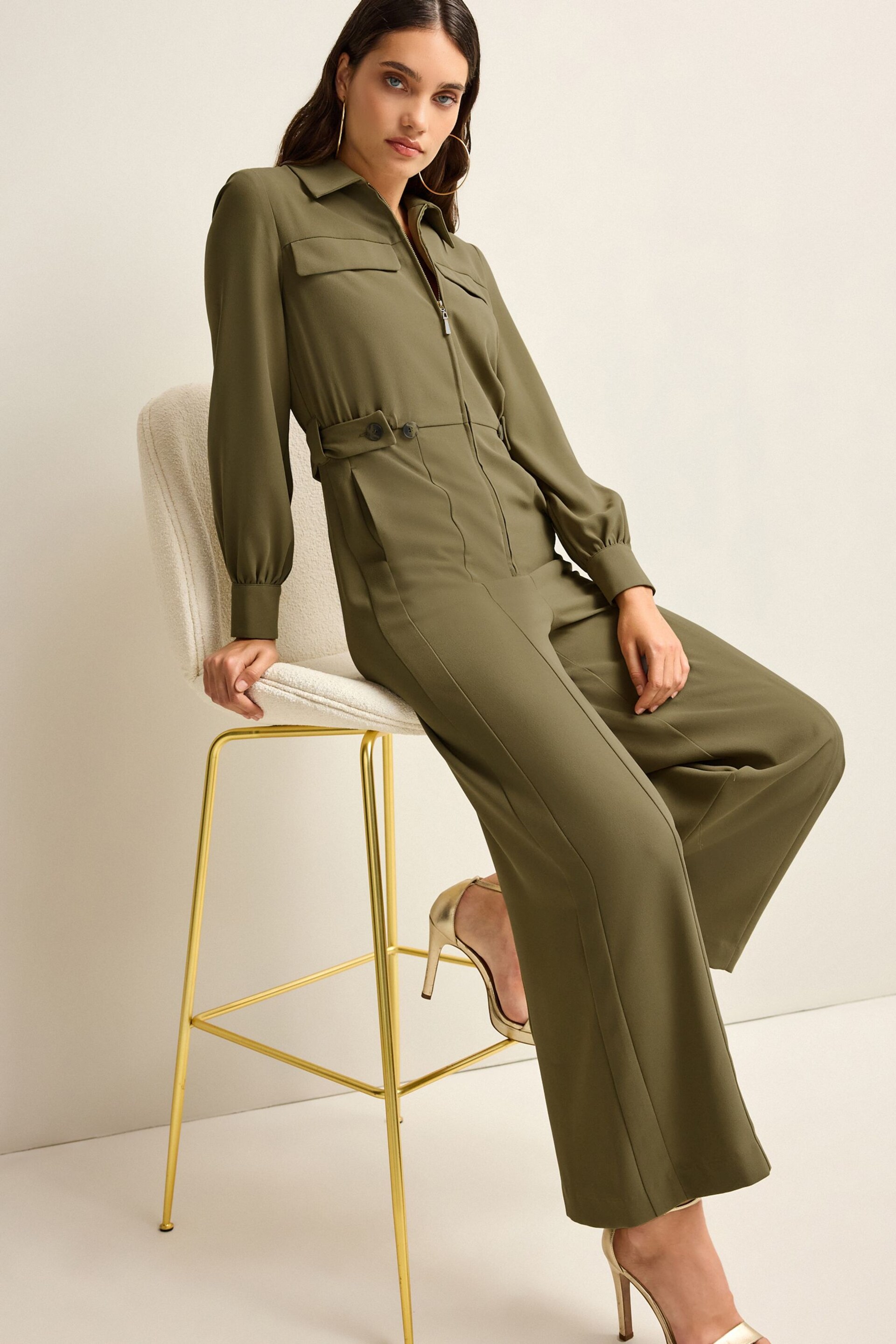 Green Crepe Long Sleeve Wide Leg Jumpsuit - Image 2 of 6