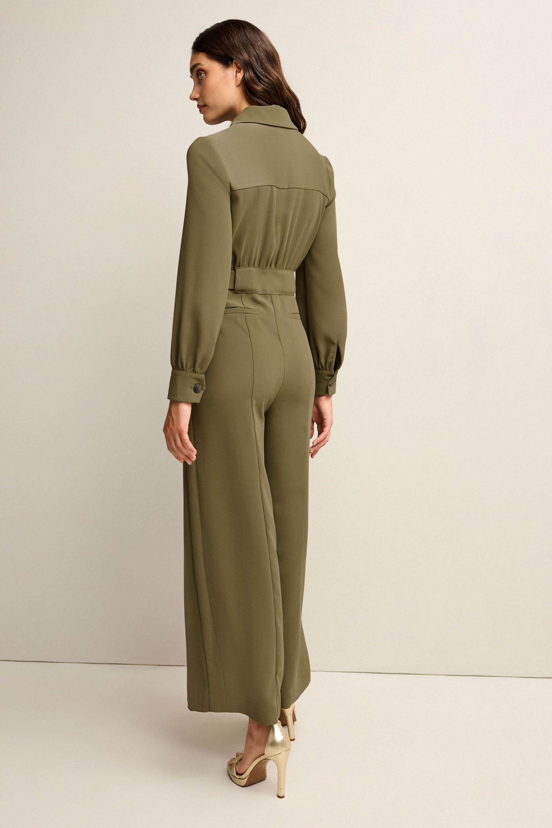 Green Crepe Long Sleeve Wide Leg Jumpsuit - Image 3 of 6