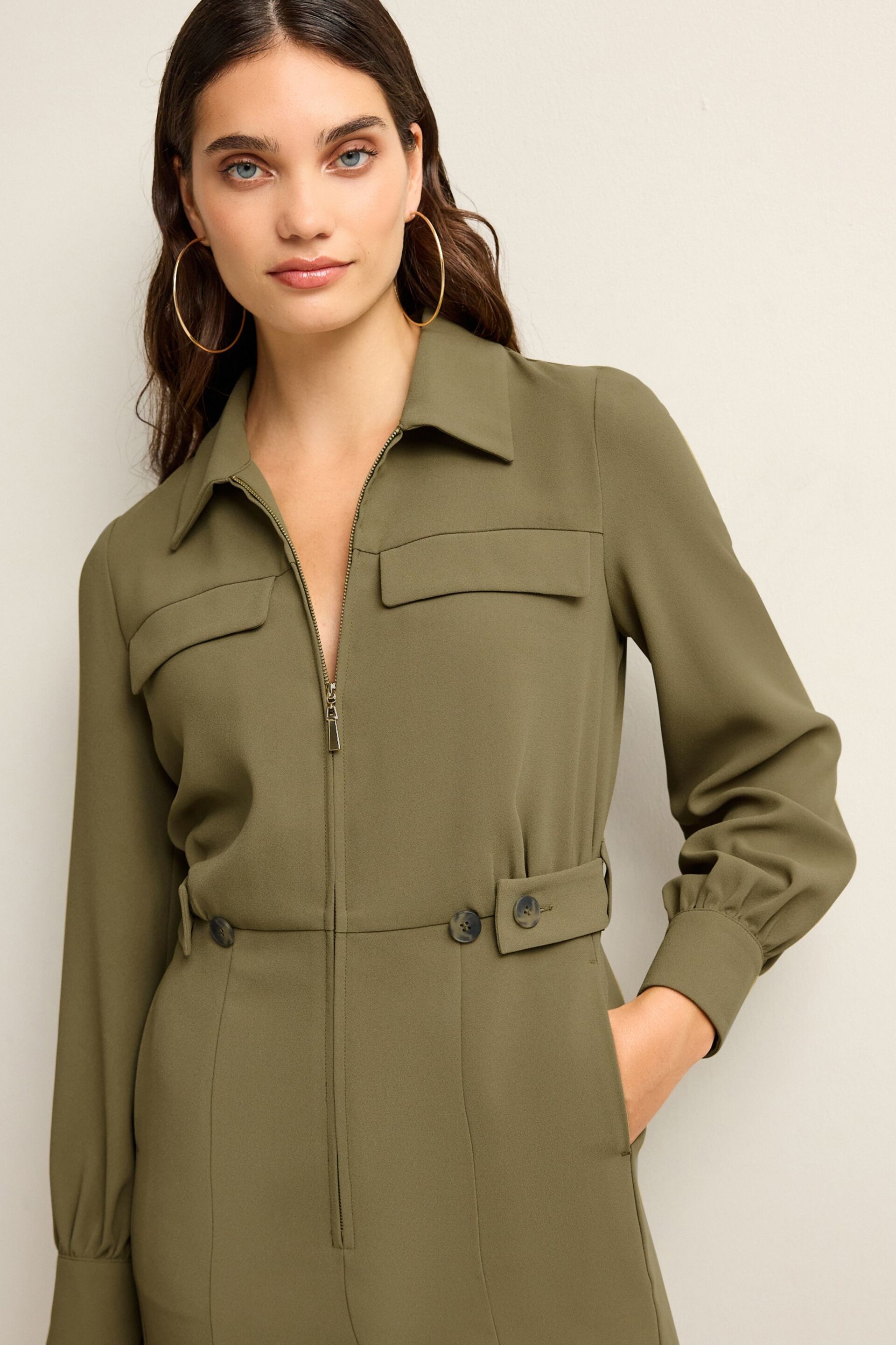 Green Crepe Long Sleeve Wide Leg Jumpsuit - Image 4 of 6