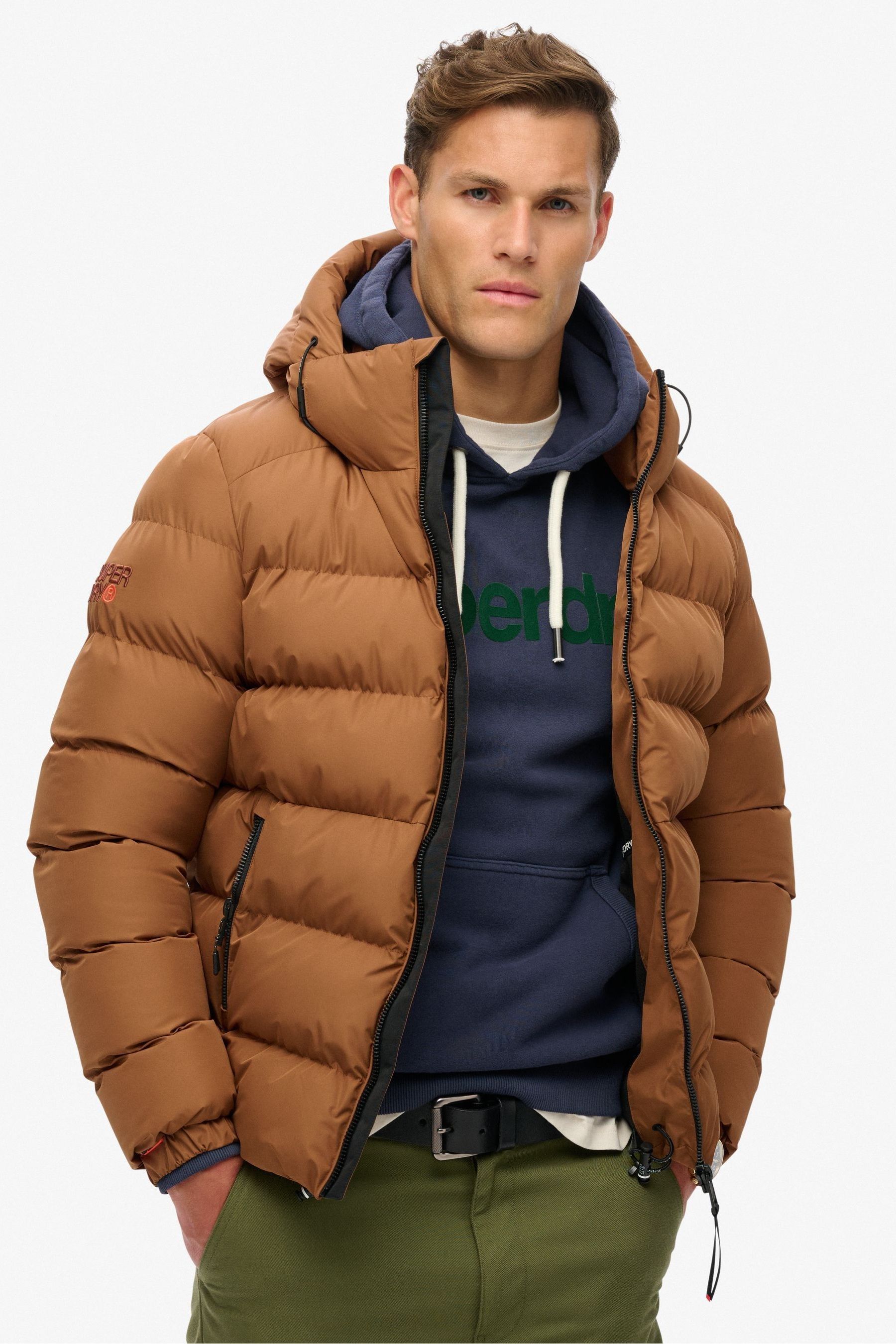 Superdry Tobacco Brown Hooded Sports Puffer Coat Jacket