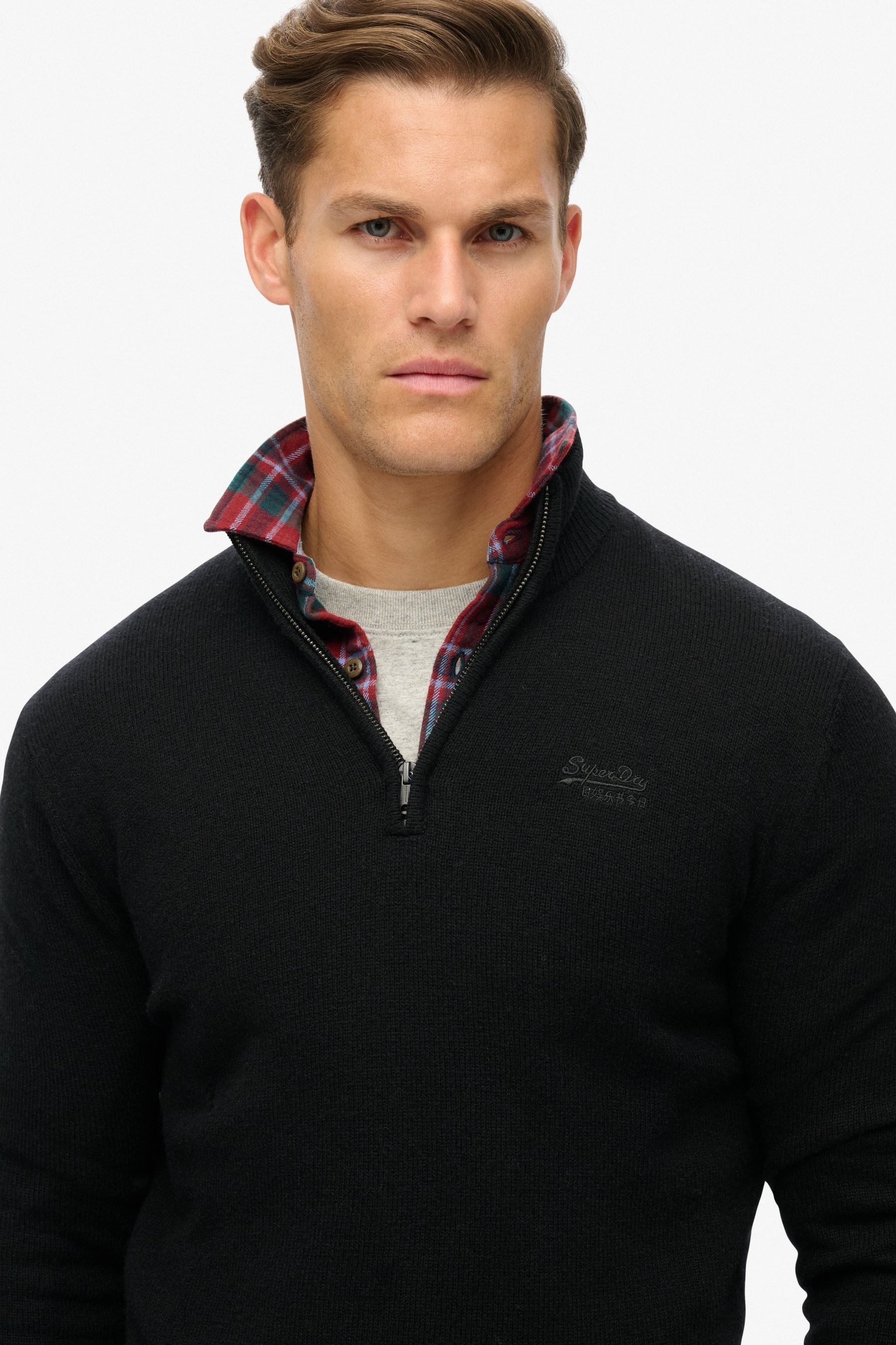 Superdry Black Essential Embroidered Knit Quarter Zip Jumper