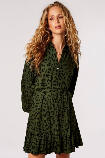 Apricot Green Leopard Ruffle Hem Shirt Dress