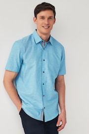 Blue Regular Fit Trimmed Linen Blend Short Sleeve Shirt - Image 1 of 7