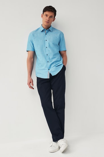 Blue Regular Fit Trimmed Linen Blend Short Sleeve Shirt