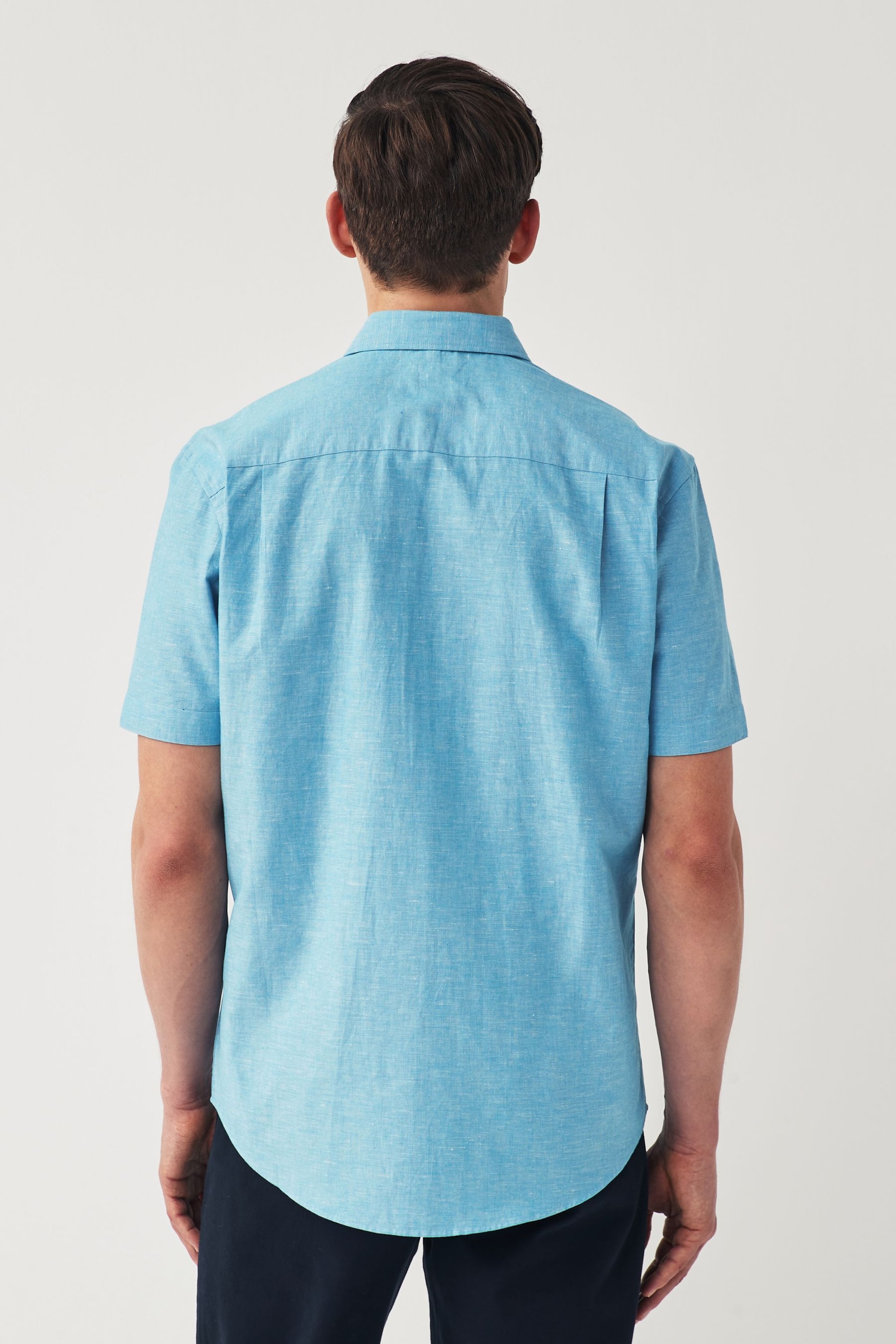 Blue Regular Fit Trimmed Linen Blend Short Sleeve Shirt - Image 3 of 7