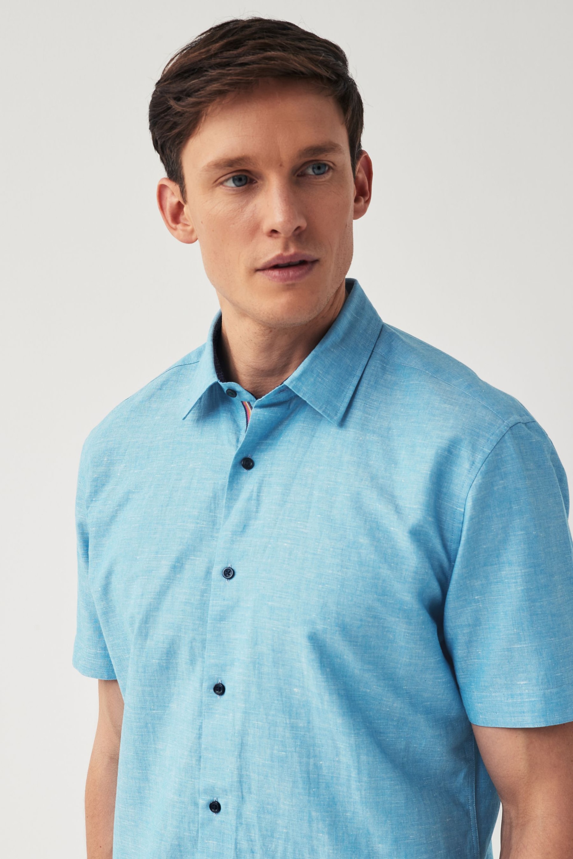 Blue Regular Fit Trimmed Linen Blend Short Sleeve Shirt - Image 4 of 7
