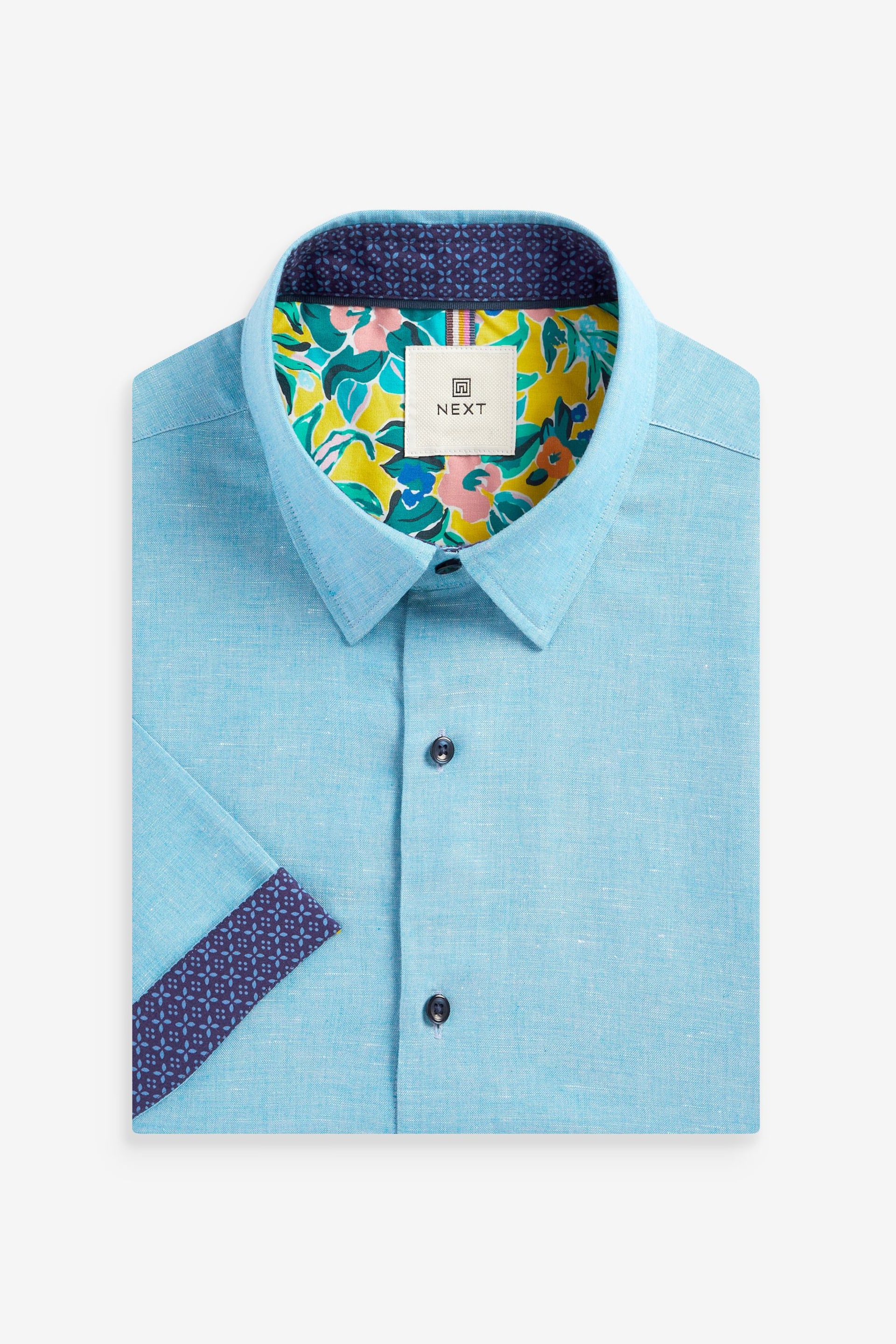 Blue Regular Fit Trimmed Linen Blend Short Sleeve Shirt - Image 5 of 7