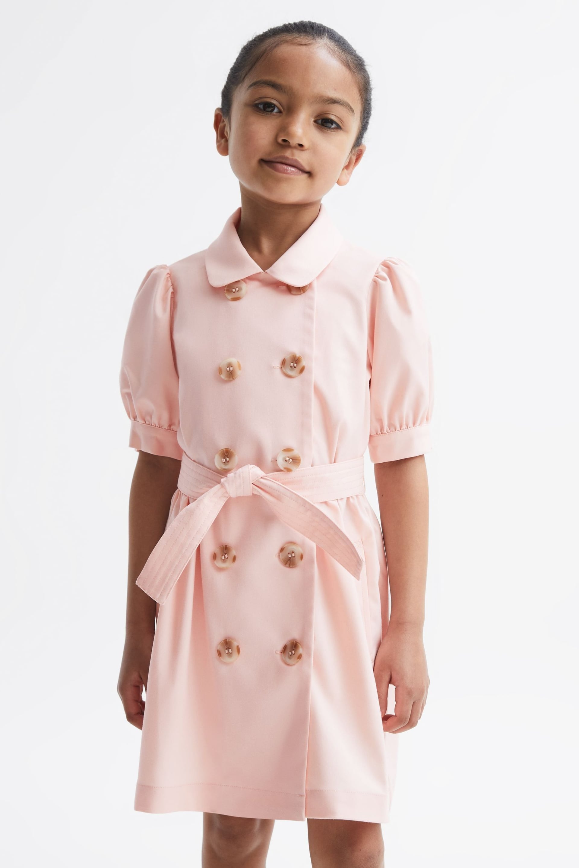 Reiss Pink Naomi Senior Puff Sleeve Belted Dress - Image 1 of 8