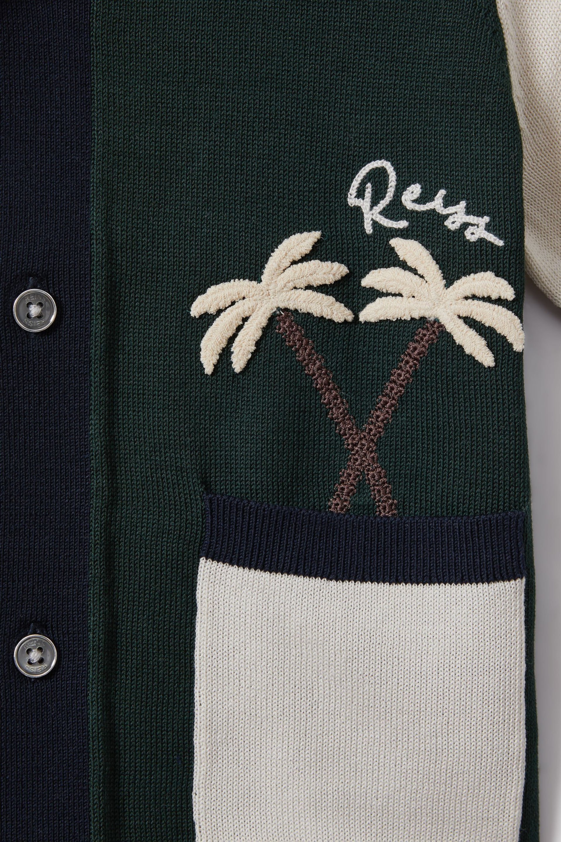 Reiss Green Multi Ata Senior Knitted Colourblock Cuban Collar Shirt - Image 4 of 4