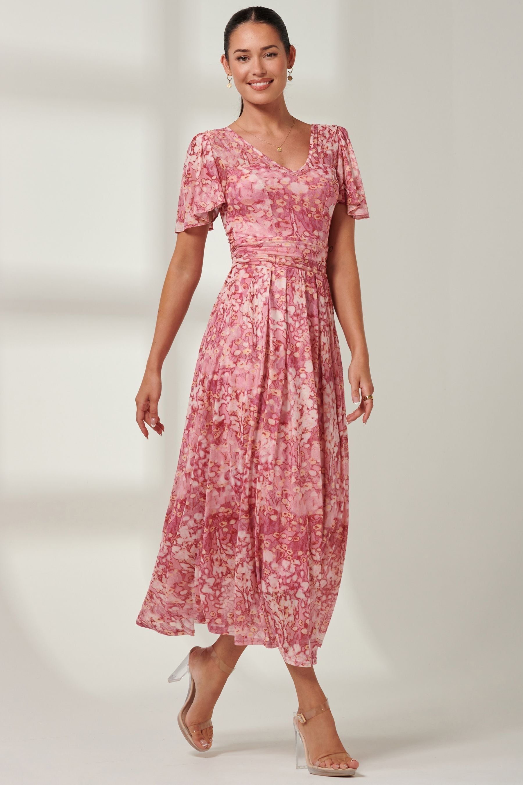 Bridesmaid pink pleated mesh maxi dress 2025
