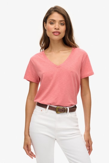 Superdry Mauveglow Pink Studios Slub Emb Vee T-Shirt