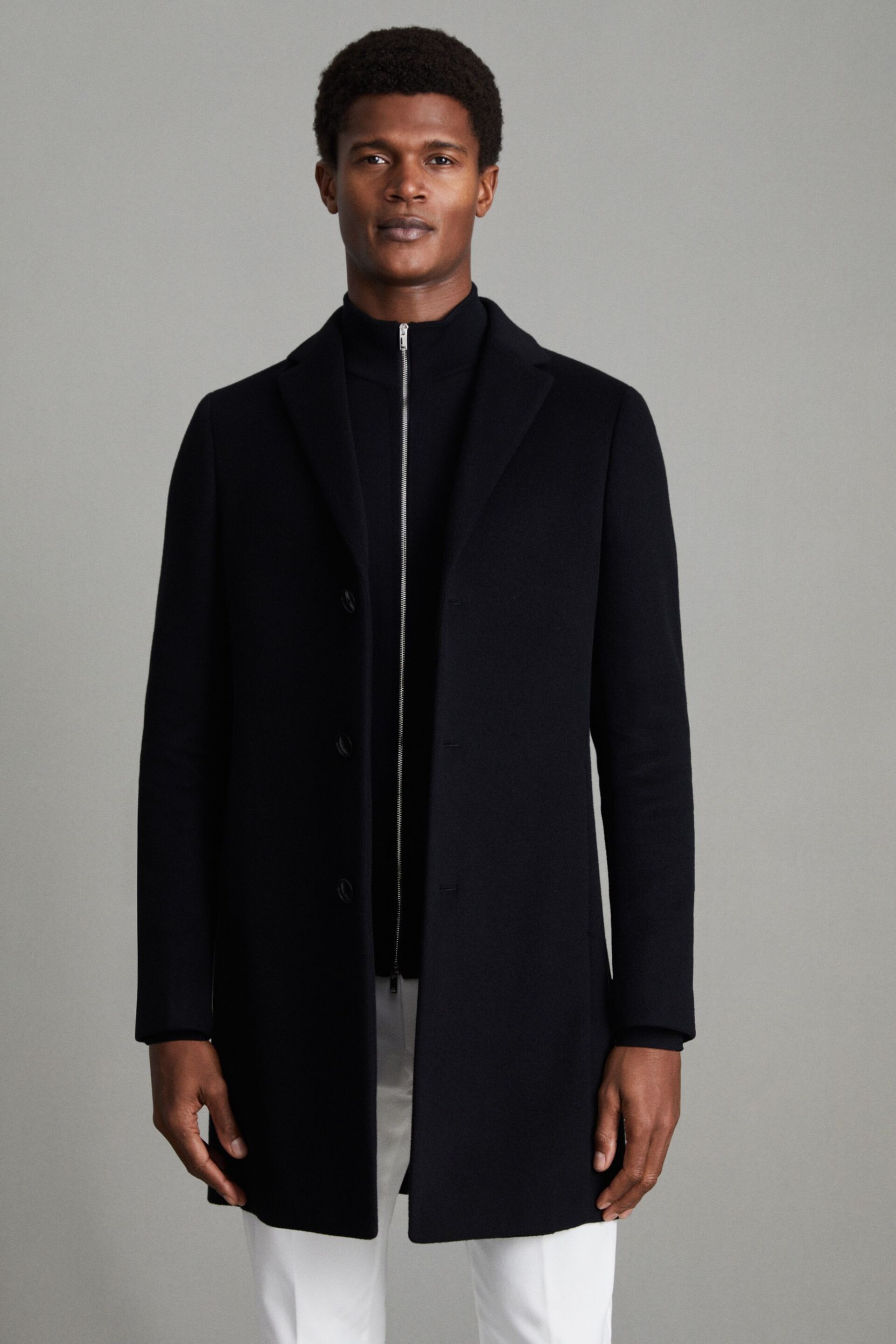 Reiss Black Gable Wool Blend Single Breasted Epsom Overcoat - Image 1 of 6