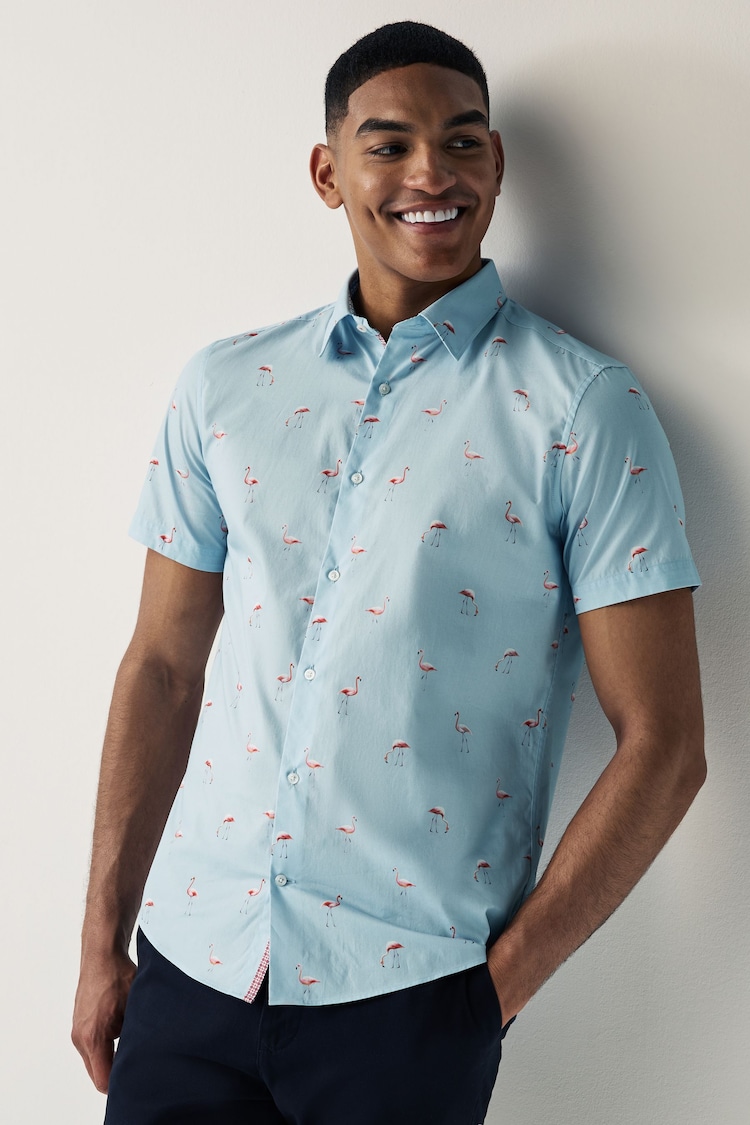 Light Blue Flamingo Regular Fit 100% Cotton Printed Short Sleeve Shirt - Image 1 of 7