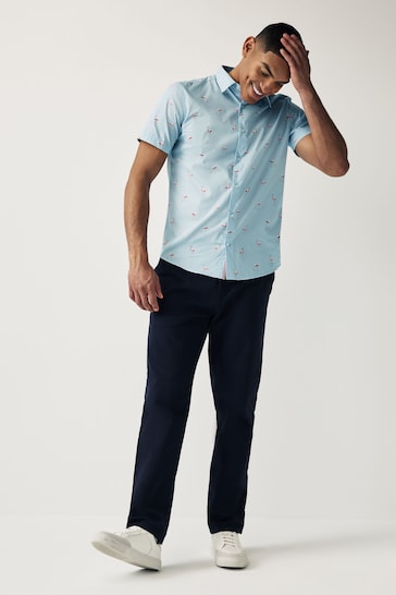 Light Blue Flamingo Regular Fit Printed Short Sleeve Shirt