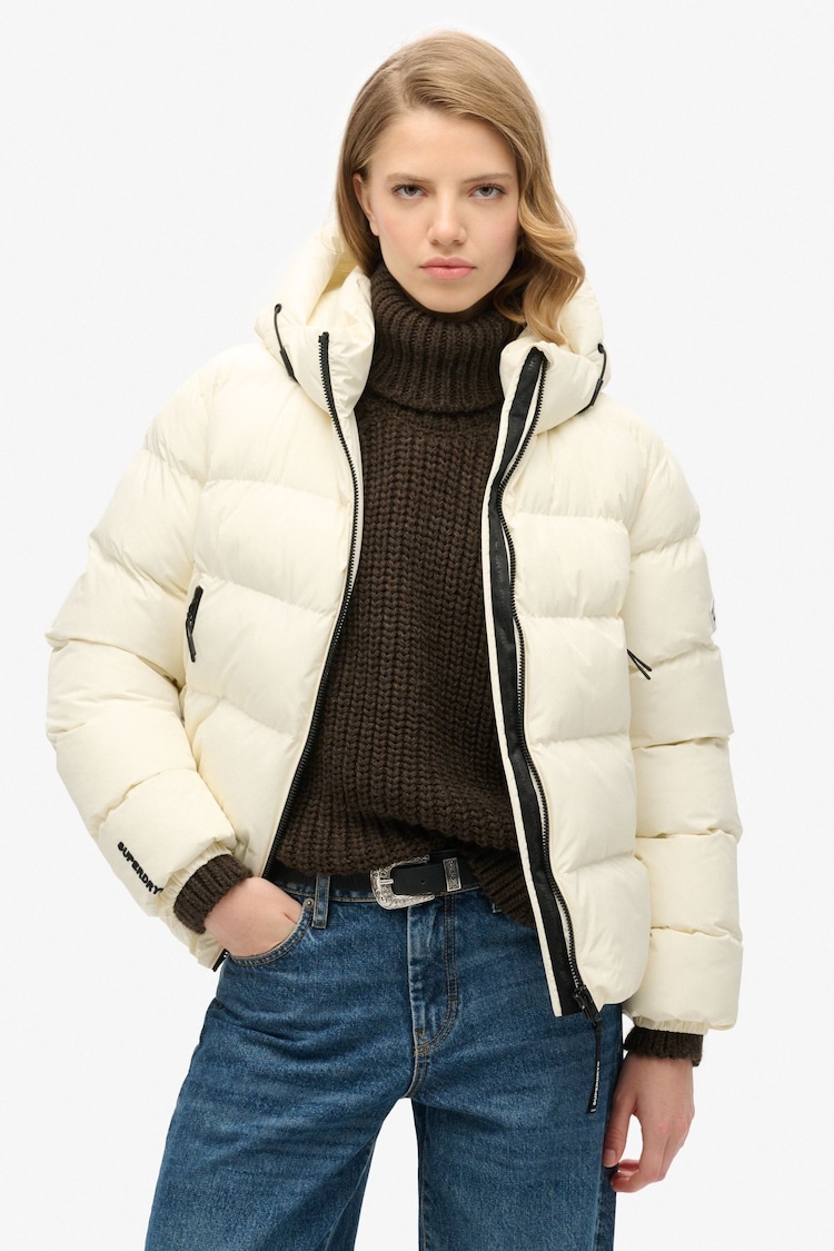 Superdry Off White Hooded Sports Puffer Jacket - Image 1 of 7