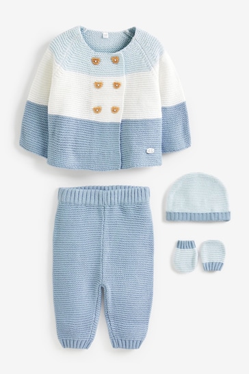 Little Gent Blue Knitted Cardigan, Trouser, Hat and Mittens Boxed Gift Set