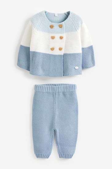 Little Gent Blue Knitted Cardigan, Trouser, Hat and Mittens Boxed Gift Set