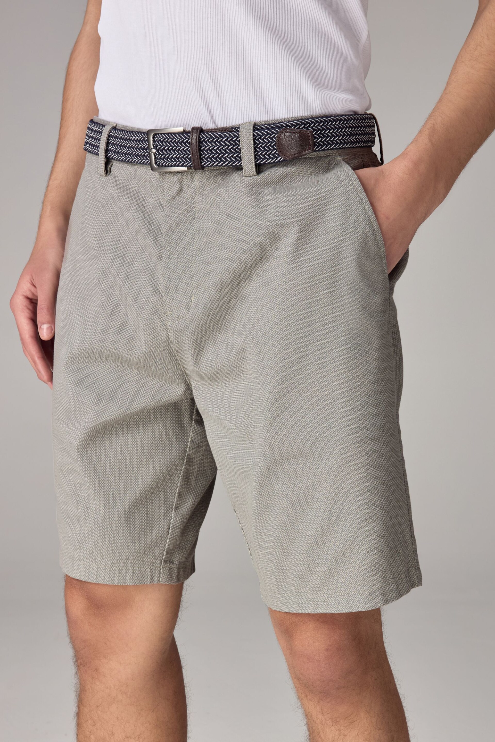 Sage Green Textured Cotton Blend Chino Shorts with Belt Included - Image 1 of 10