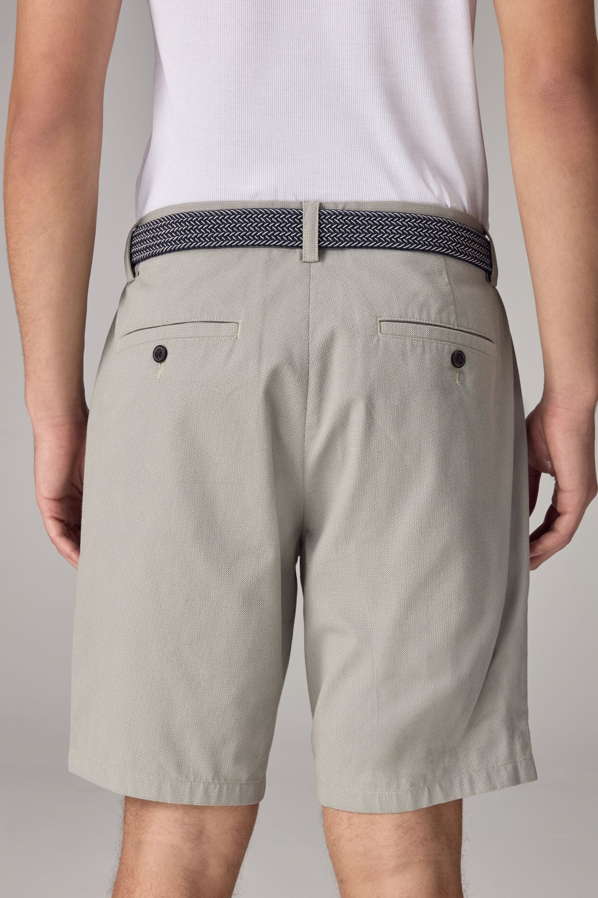 Sage Green Textured Cotton Blend Chino Shorts with Belt Included - Image 3 of 10