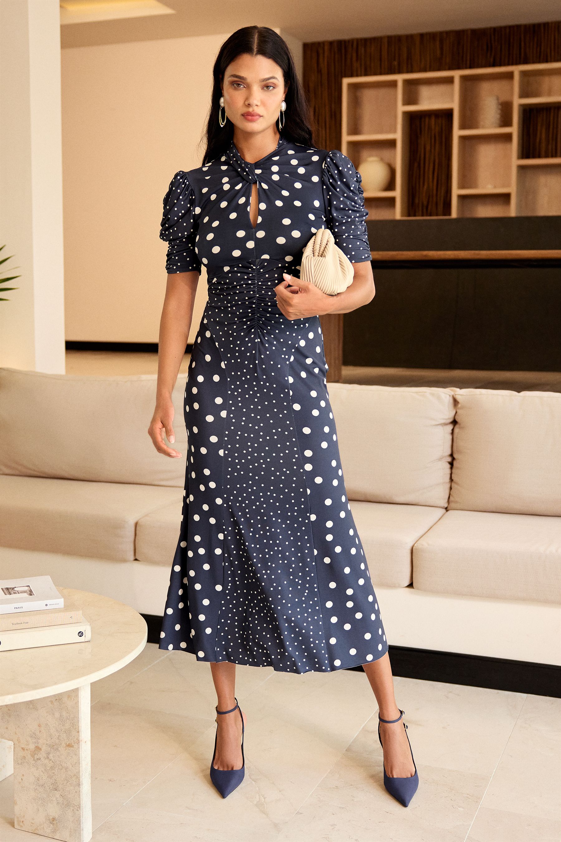 Buy Lipsy Navy Blue White Polka Dot Short Sleeve Gathered Waist