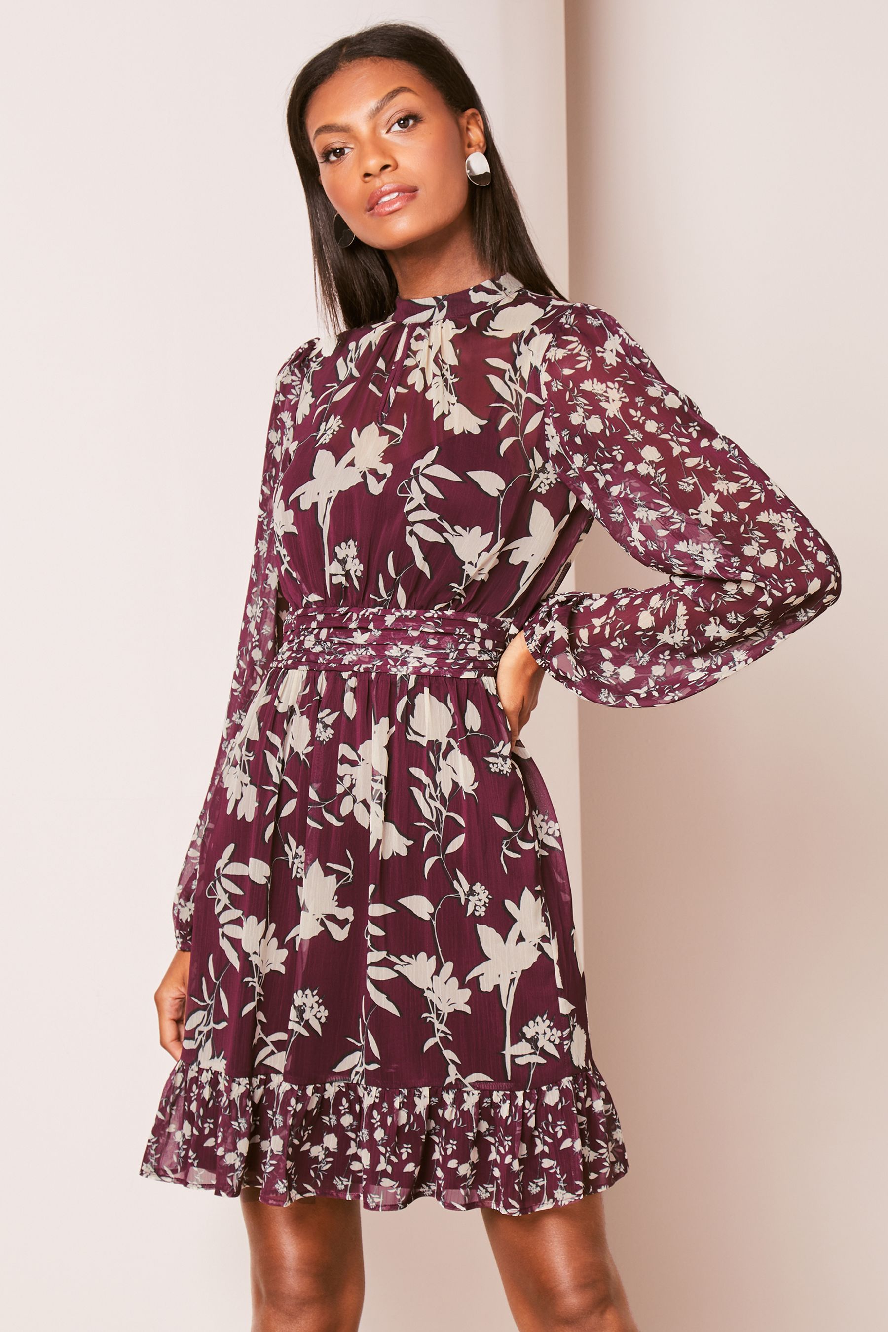 Buy Lipsy Berry Red High Neck Floral Chiffon Shift Mini Dress from Next Luxembourg