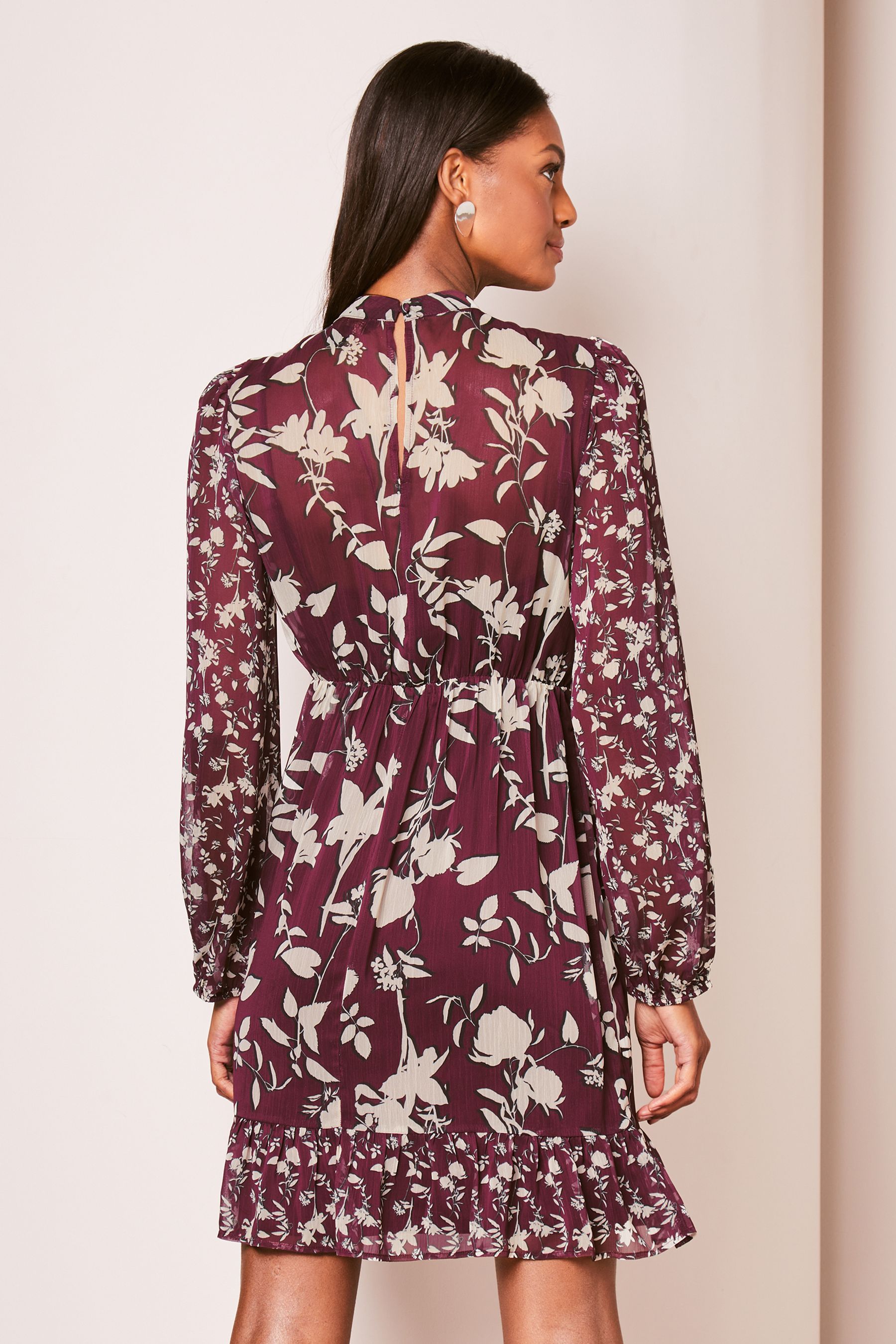 Lipsy Berry Red High Neck Floral Chiffon Shift Mini Dress