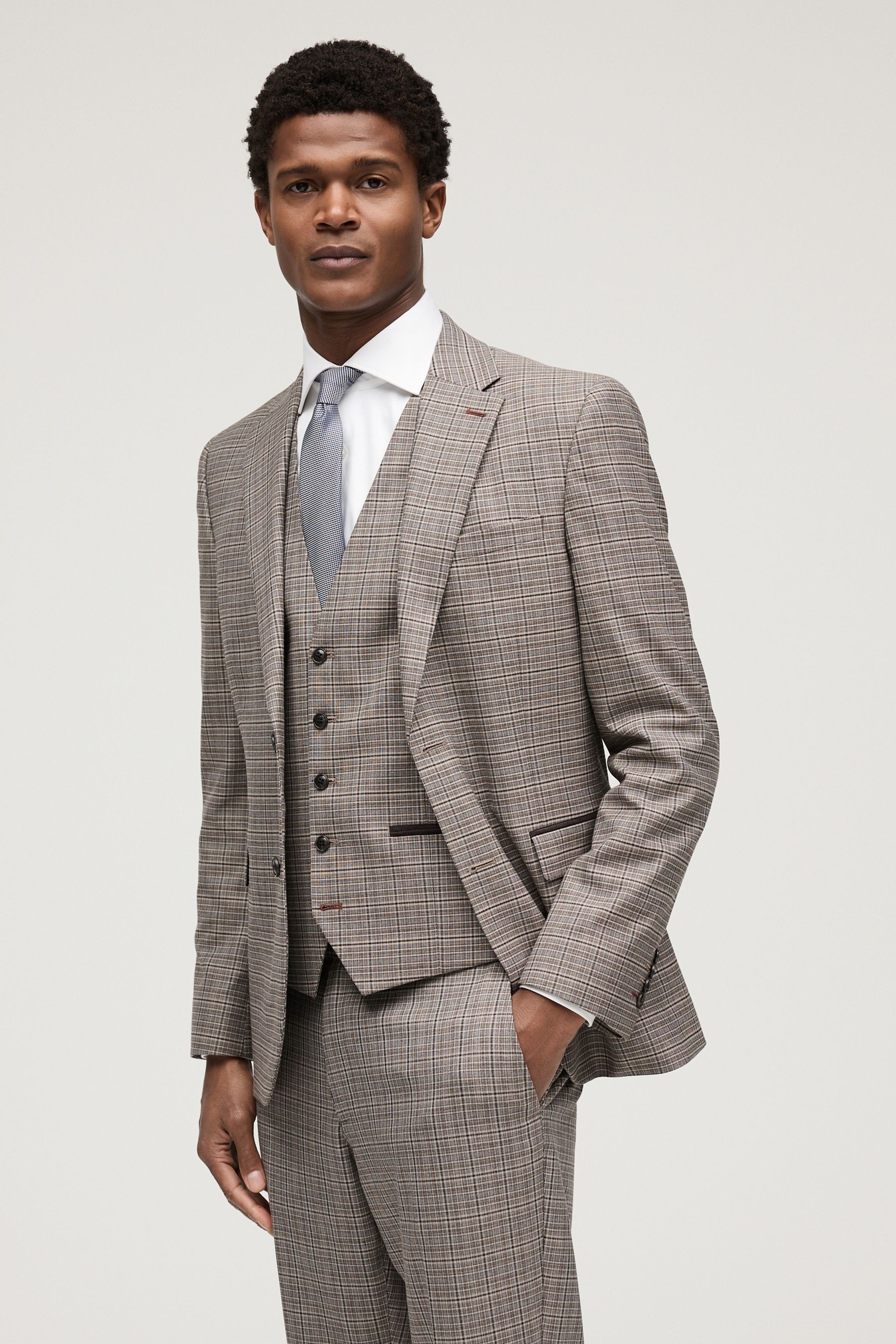 Buy Taupe Skinny Fit Trimmed Check Suit Jacket from Next Luxembourg